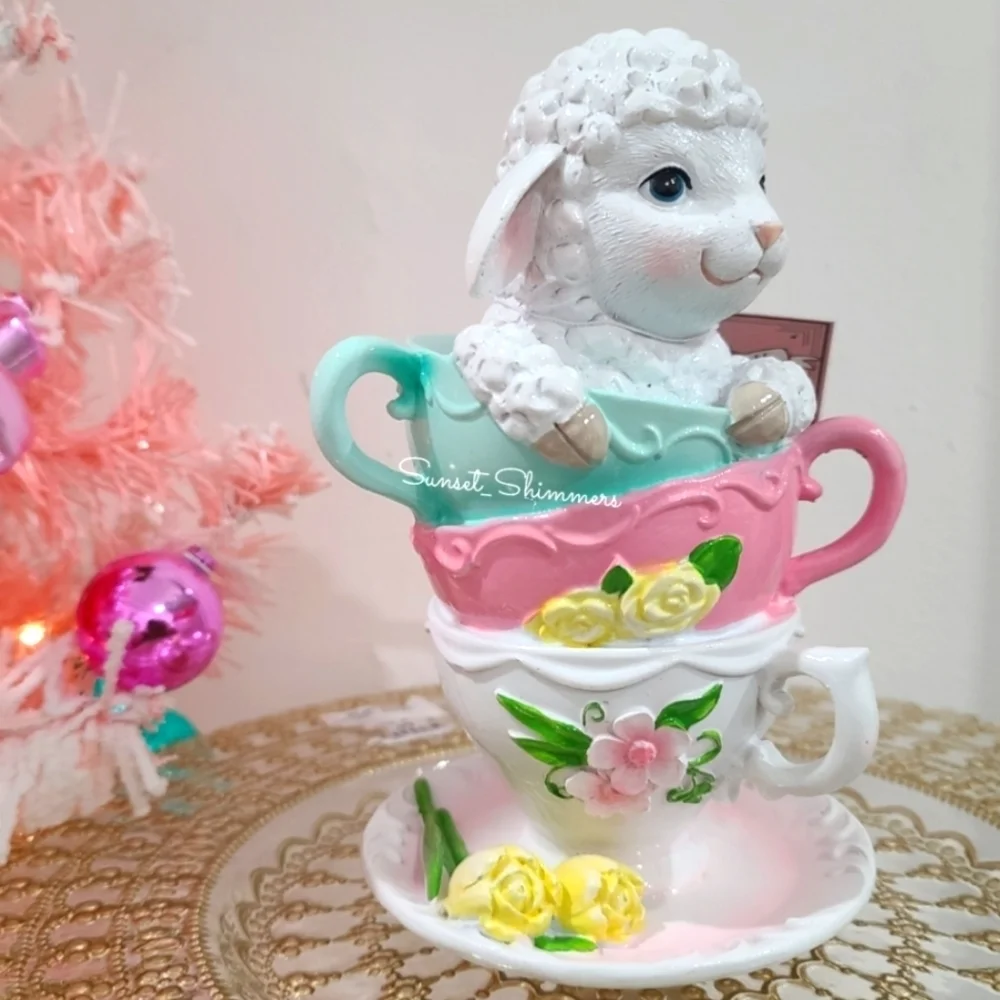 Adorable Easter Lamb In Stacked Floral Teacups & Saucer Spring Tabletop Decor